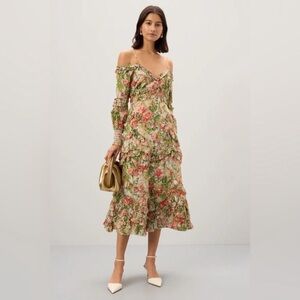 Mac Duggal Floral Long Sleeve Ruffle Detail Dress in Green and Red Cotton Size 6